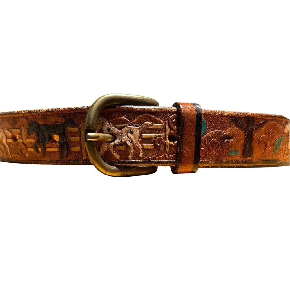 Kids Western Tooled Leather Belt Brown Painted Horse Design Size 5/6 Yrs 19